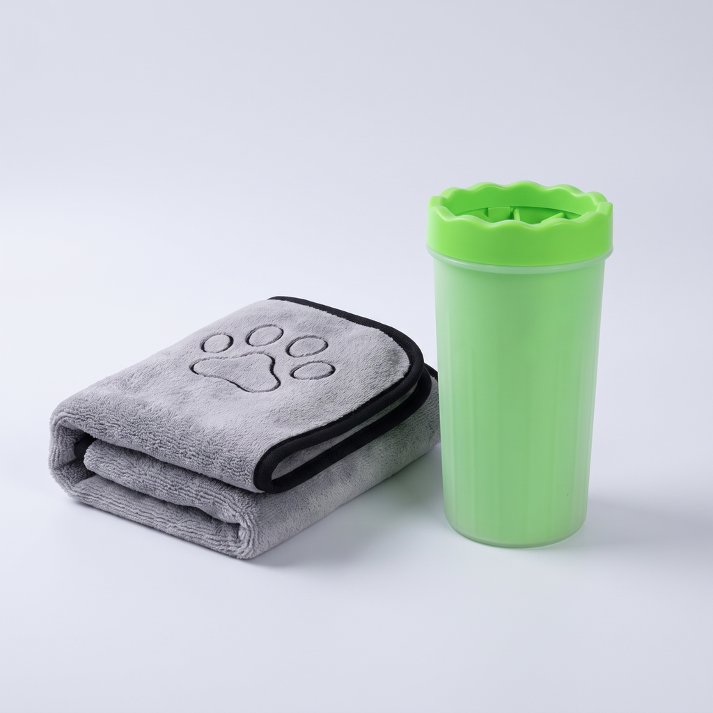 Kit Pattes Propres – Gobelet nettoie-pattes + serviette microfibre