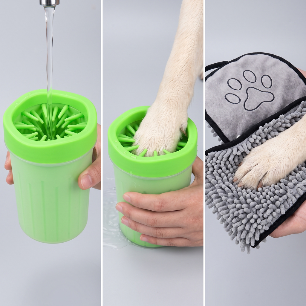 Kit Pattes Propres – Gobelet nettoie-pattes + serviette microfibre